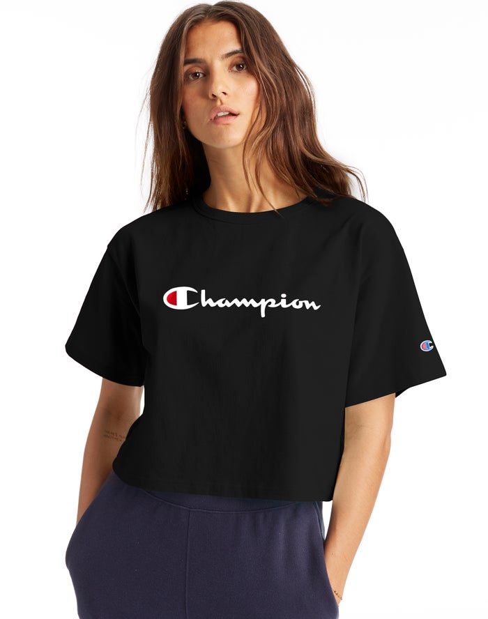 Champion Womens T-Shirt NZ - Heritage Cropped Script Logo Black ( 0521-DNELI )